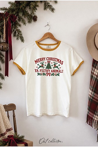 MERRY CHRISTMAS YA FILTHY ANIMAL RINGER GRAPHIC TOP