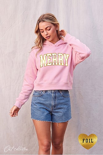 MERRY FOIL CROPPED HOODIE PULLOVER SWEATSHIRT