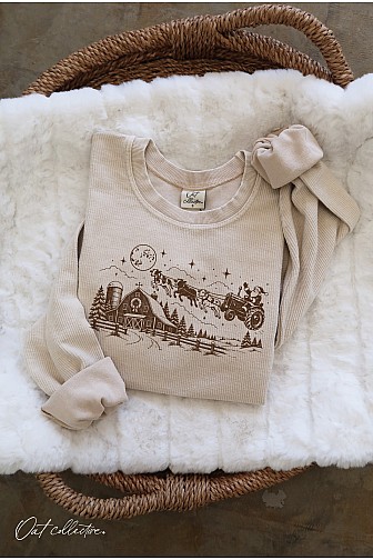 SANTA ON A TRACTOR CROPPED THERMAL VINTAGE PULLOVER 