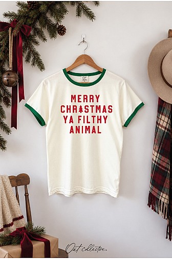 MERRY CHRISTMAS YA FILTHY ANIMAL RINGER GRAPHIC TOP