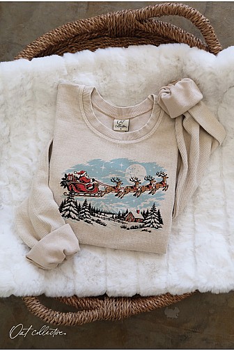 SANTA'S SLEIGH RIDE CROPPED THERMAL VINTAGE PULLOVER 